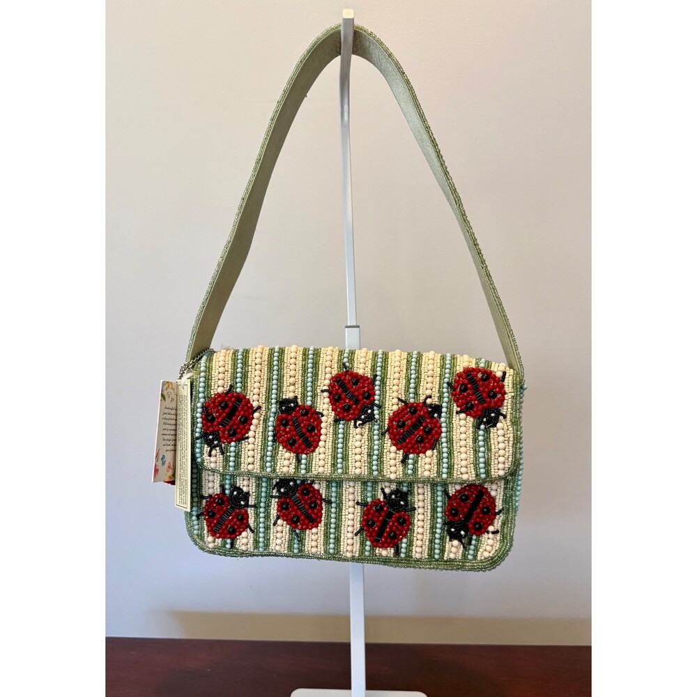 RARE VIRAL Green & White Striped Ladybug Beaded Bag W/ Ladybug Charm NWT
